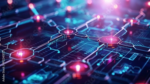 Futuristic Digital Circuit Board with Glowing Nodes