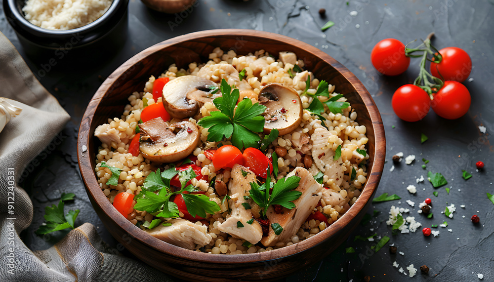 Bulgur with chicken, mushrooms and tomatoes in a wooden bowl. Top view Bulgur with chicken, mushrooms and tomatoes in a wooden bowl. Top view