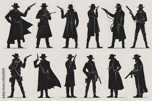 Silhouettes of diverse male outlaws in classic western attire with guns. photo