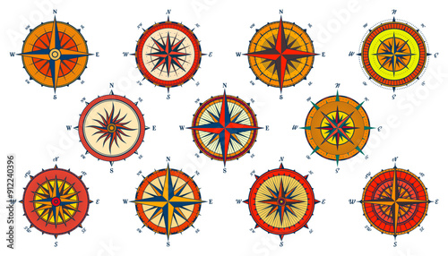 Vintage marine wind rose, nautical chart. Colorful navigational compass with cardinal directions of North, East, South, West. Geographical position, cartography and navigation. Vector illustration