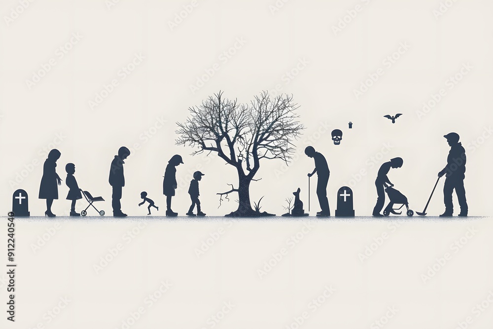 Silhouette of life’s journey from childhood to mortality. Silhouette of life’s journey from childhood to mortality.