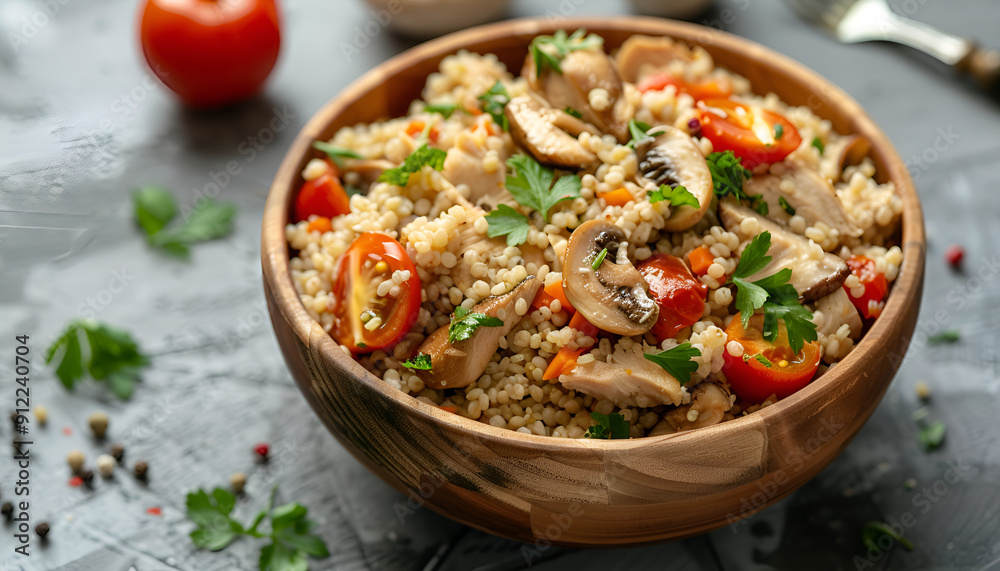Bulgur with chicken, mushrooms and tomatoes in a wooden bowl. Top view Bulgur with chicken, mushrooms and tomatoes in a wooden bowl. Top view