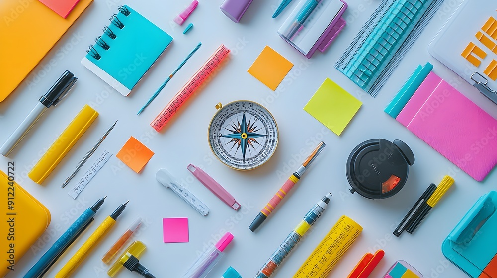 Top view of a creative arrangement of school supplies, such as pens, markers, sticky notes, and a compass, with a white background, bright and even lighting, artistic layout with colorful accents, Top view of a creative arrangement of school supplies, such as pens, markers, sticky notes, and a compass, with a white background, bright and even lighting, artistic layout with colorful accents,