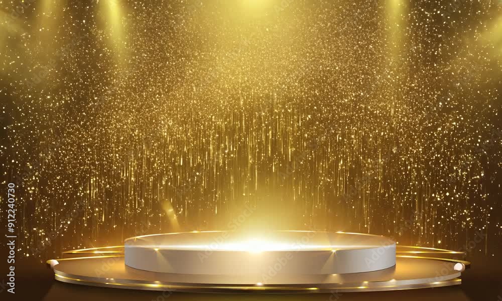 A luxurious golden stage adorned with glittering lights and sparkling particles. Elegant award ceremony celebrating