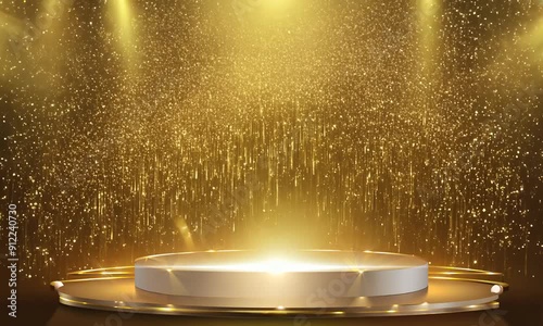 A luxurious golden stage adorned with glittering lights and sparkling particles. Elegant award ceremony celebrating