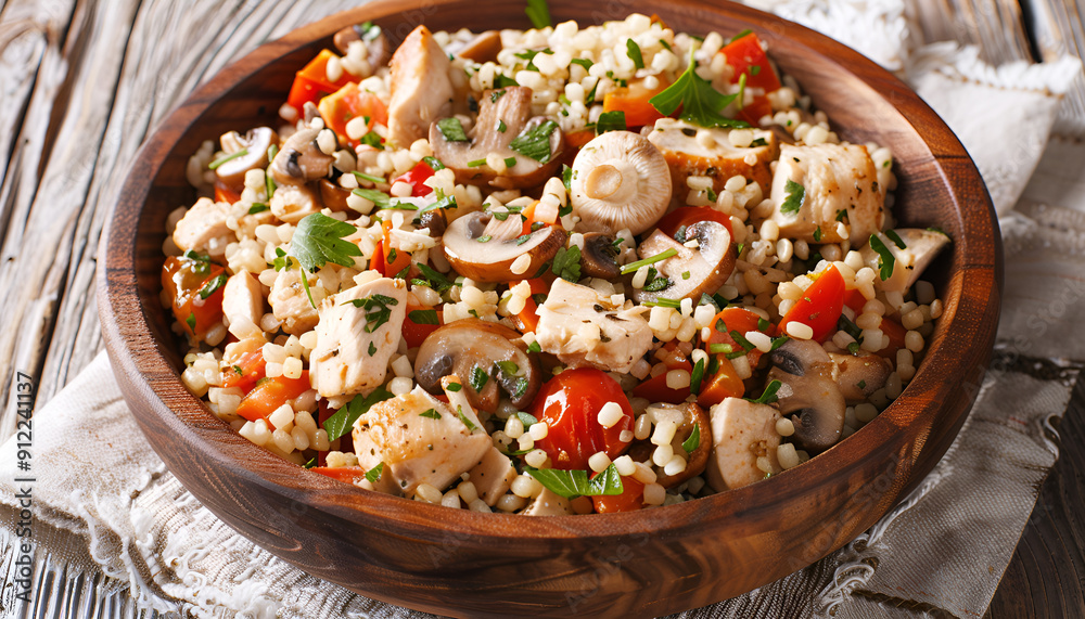 Bulgur with chicken, mushrooms and tomatoes in a wooden bowl. Top view Bulgur with chicken, mushrooms and tomatoes in a wooden bowl. Top view