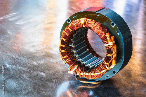 Obraz na płótnie Electric motor stator with winding coil on metal surface of worshop table