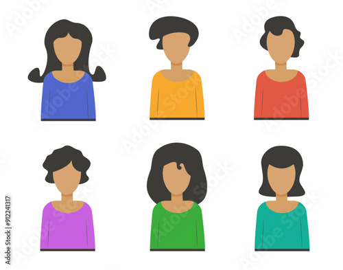 Avatars for women, icons, different hairstyles, colorful, people, template, silhouette. 