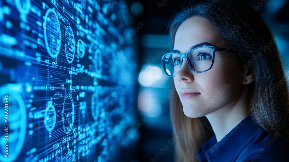 Woman Analyzing Data on Digital Screen Woman Analyzing Data on Digital Screen