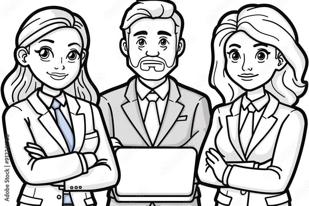 Three people in suits are posing for a picture with a laptop in the middle Three people in suits are posing for a picture with a laptop in the middle