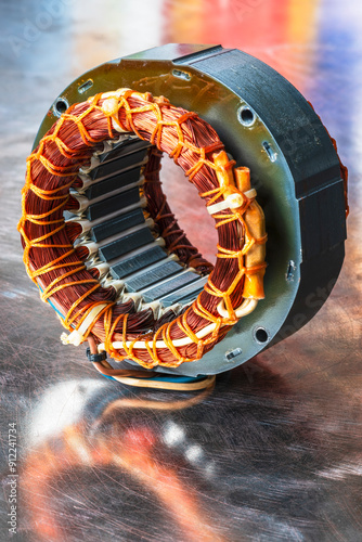 Tableau sur toile Electric motor stator with winding coil on metal surface of worshop table