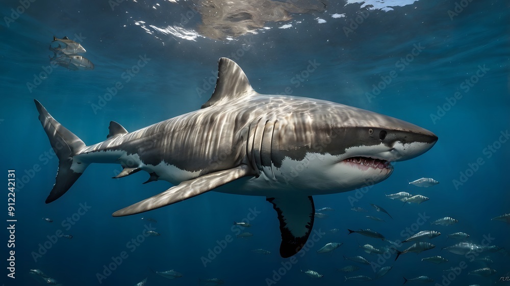 Fototapeta premium Great white shark (Carcharodon carcharias) in sea. Generative AI 