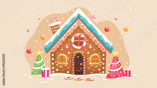 Gingerbread House Winter Cookie with decorative sweet icing candy vector flat illustration design