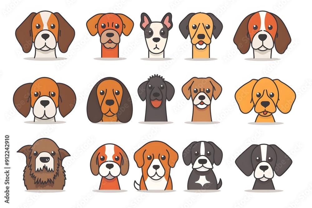 Cute cartoon illustrations of various dog breeds in a playful arrangement.