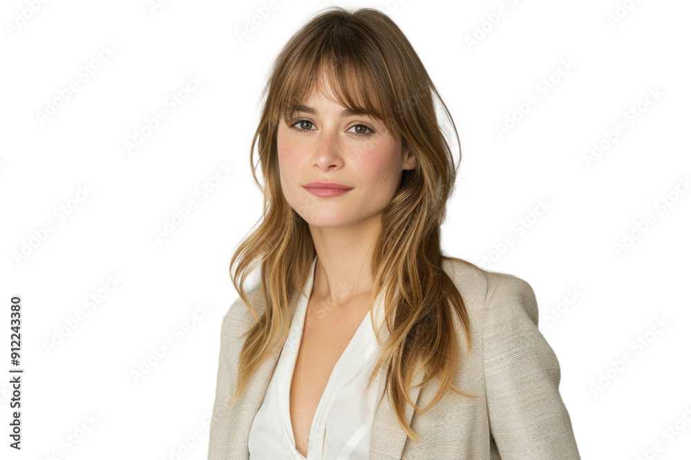 Portrait of a young woman with long blonde hair and bangs, wearing a light beige blazer over a white blouse. Portrait of a young woman with long blonde hair and bangs, wearing a light beige blazer over a white blouse.