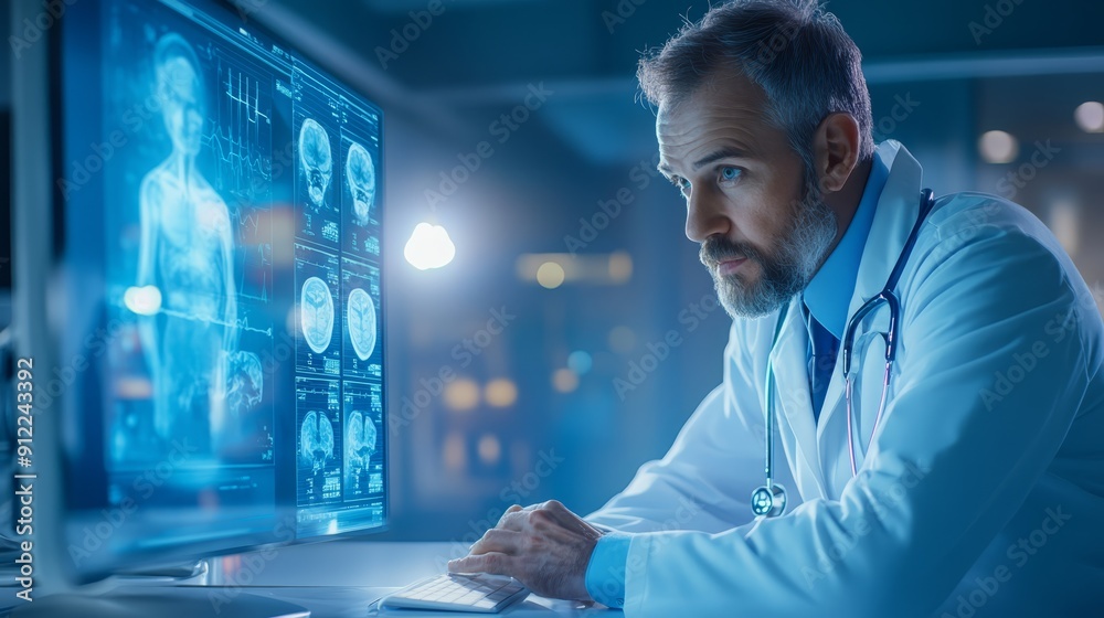 Obraz premium Doctor Analyzing Medical Scans on Computer