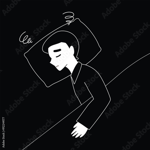 boy or man can not sleep and depressed in bed. Mental disorder, insomnia, anxiety illustration