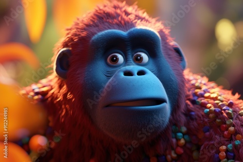 Close-up Portrait of a Furry, Blue-Faced Orangutan with Colorful Stones photo