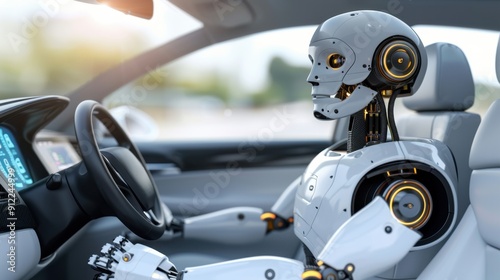 AI robot driving autonomous vehicle, showcasing advanced artificial intelligence in futuristic transportation technology.