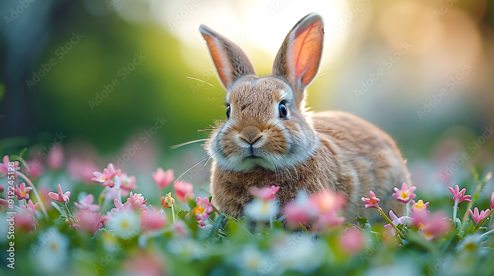 Fototapeta premium Cute little Easter bunny sitting near Easter eggs in flowery meadow, golden hour, banner image