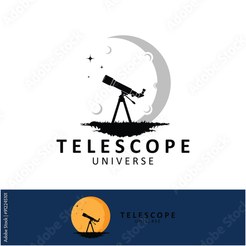 telescope science planet moon stars night watch experiment logo illustration design.
