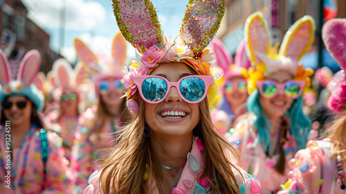 Easter parade with people dressed in bunny costumes. Participants adorned in festive vivid costumes and decorated hats