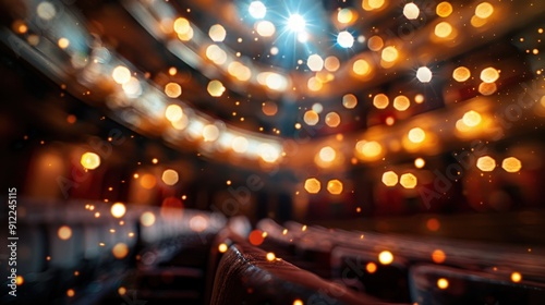Blurred background of a theater or concert hall with warm, glowing lights creating a festive and artistic atmosphere.