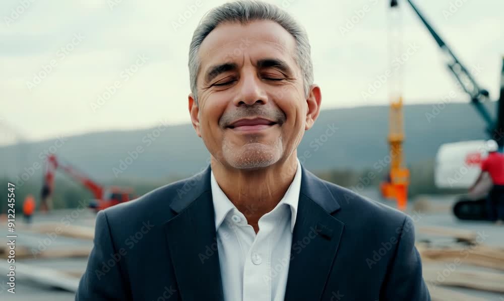 Medium shot portrait video of a man in his 60s practicing mindfulness sophrology relaxation & stress-reduction wearing a sleek suit against a construction site or work zone background Medium shot portrait video of a man in his 60s practicing mindfulness sophrology relaxation & stress-reduction wearing a sleek suit against a construction site or work zone background