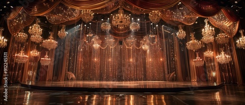 Elegant theatre stage with beautiful chandeliers and draped curtains, creating a luxurious and opulent ambiance.