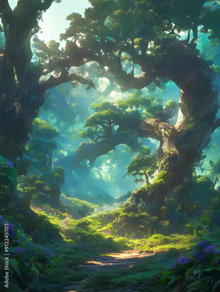 Fototapeta premium Enchanting Anime-Inspired Forest Depths: Fantastical 4K Wallpaper for Creative Marketing Backgrounds. Mystical Woodland Scene Blending Abstract Patterns with Lush Nature, Perfect for Video Game Concep