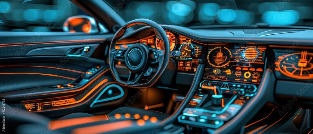 Futuristic car interior with illuminated dashboard, digital controls ...