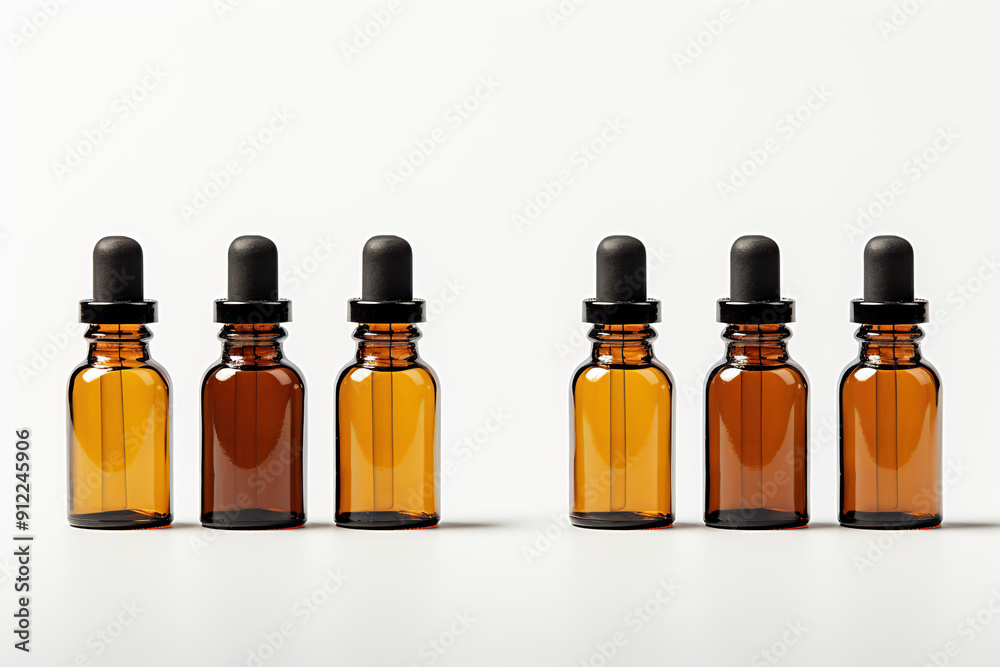Amber glass dropper bottles in a row on light background Amber glass dropper bottles in a row on light background
