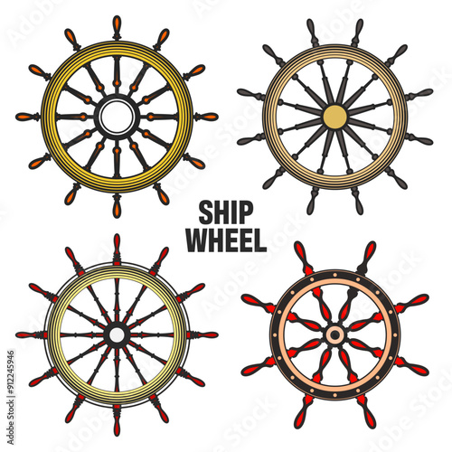 Wooden vintage steering wheels. Ship, sailboat or yacht retro wheel symbol. Colorful nautical rudder icon. Marine logotype design element. Vector illustration