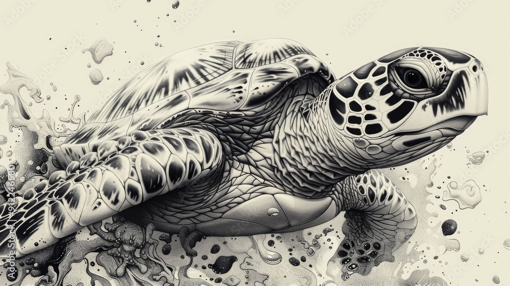Fototapeta premium Quirky and Playful Doodle of a Clumsy Turtle Swimming in a Whimsical Underwater Landscape Featuring Abstract Patterns Textures and a Monochrome Grayscale Color Palette