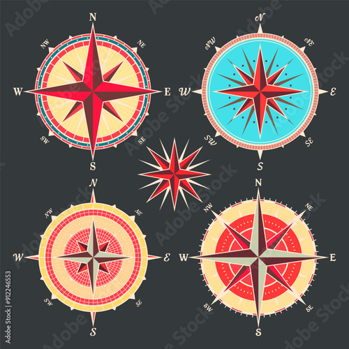 Vintage marine wind rose, nautical chart. Colorful navigational compass with cardinal directions of North, East, South, West. Geographical position, cartography and navigation. Vector illustration