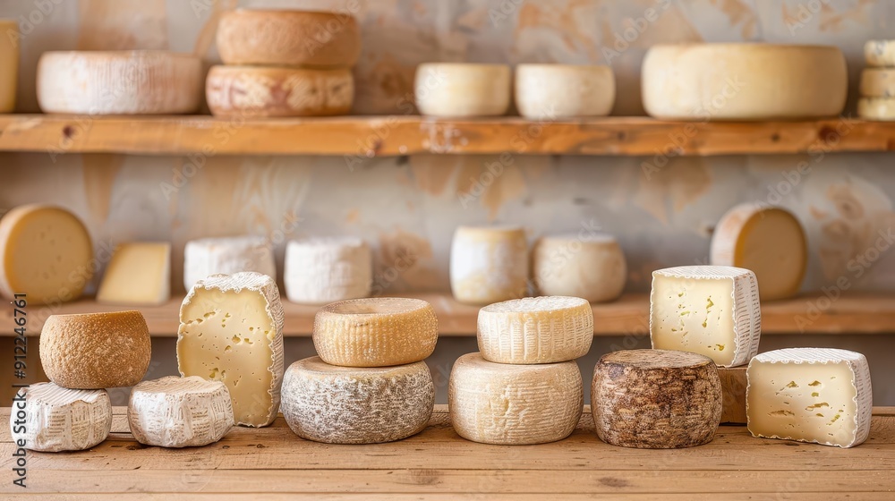 An array of artisanal cheeses displayed on wooden shelves, showcasing various shapes, colors, and textures in a rustic setting. An array of artisanal cheeses displayed on wooden shelves, showcasing various shapes, colors, and textures in a rustic setting.