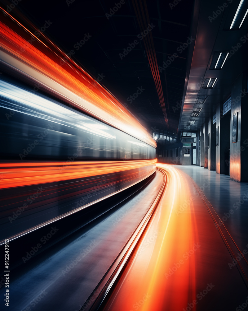 Fototapeta premium Fast moving car accelerates through blurry tunnel with abstract light speed effect. Create the atmosphere of the city of the future