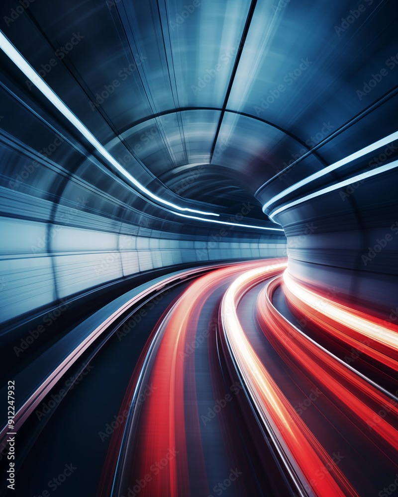 Fast moving car accelerates through blurry tunnel with abstract light speed effect. Create the atmosphere of the city of the future Fast moving car accelerates through blurry tunnel with abstract light speed effect. Create the atmosphere of the city of the future