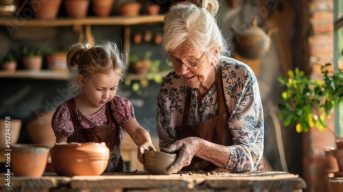 A grandmother shares her pottery expertise with her granddaughter in a warm, inviting workshop