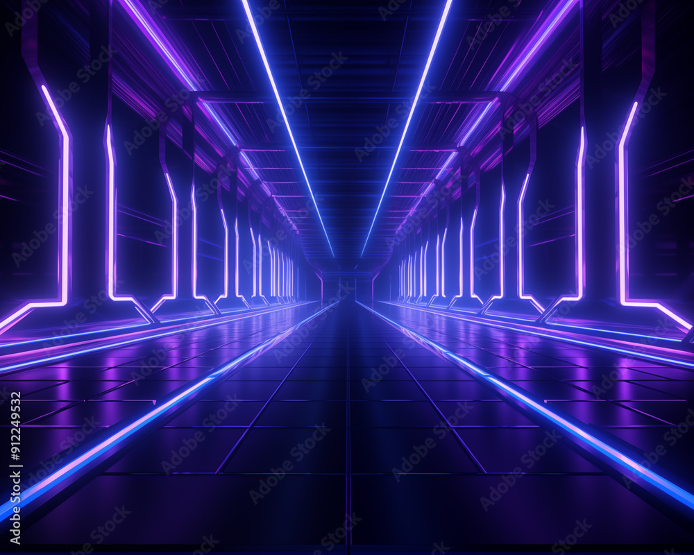 Abstract view of a blue-lit tunnel interior with trails of light, showcasing a modern, underground subway corridor Abstract view of a blue-lit tunnel interior with trails of light, showcasing a modern, underground subway corridor