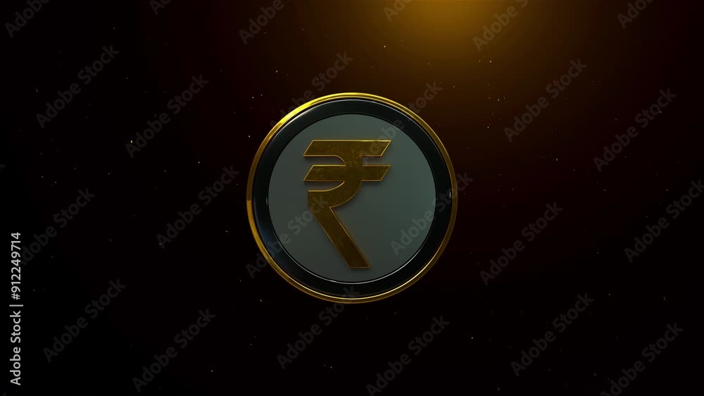 A golden Indian rupee symbol opener centered on a round, metallic background with sparkling grains of glitter dust in the surrounding dark space, Alpha matte included A golden Indian rupee symbol opener centered on a round, metallic background with sparkling grains of glitter dust in the surrounding dark space, Alpha matte included