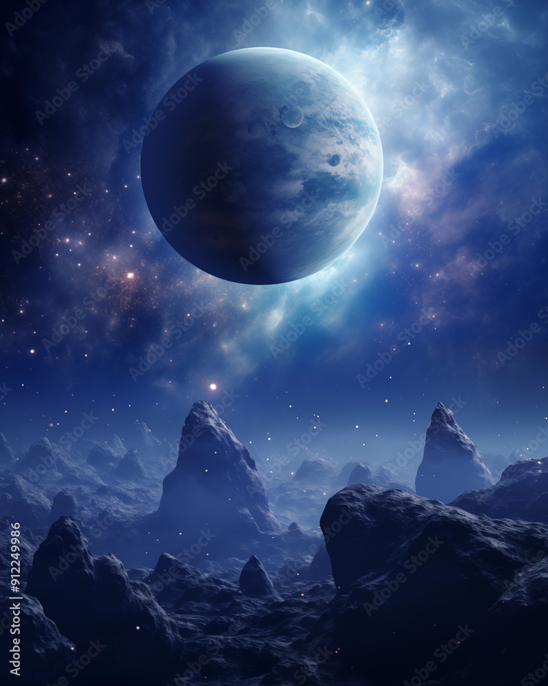 Moonlit sky with stars, a planet, and mountains under a twilight sky Moonlit sky with stars, a planet, and mountains under a twilight sky