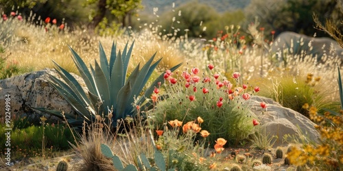 Agave Plant and Poppy Wildflowers Amidst Chaparral Woodland in a Drought Tolerant Garden of a Desert Residential Community photo