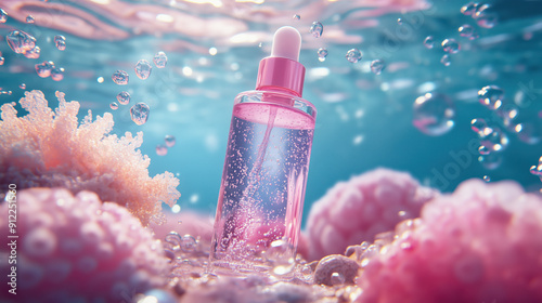 Hydrating Serum Bottle Submerged Underwater with Bubbles in Soft Pink Water photo