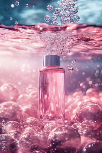 Pink Water Underwater Scene with Hydrating Serum Bottle and Surrounding Bubbles photo