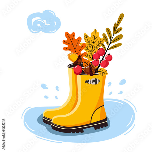 Vector illustration of autumn elements. boots, leaves, acorns, rowan, rain, drops, cloud, vector, for fabric, packaging, stationery, on a white background