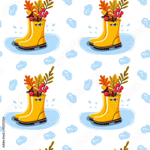 Seamless pattern of autumn elements. boots, leaves, acorns, rowan, rain, drops, cloud, vector, for fabric, packaging, stationery