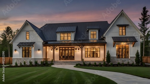 Beautiful modern farmhouse style luxury home exterior at twilight