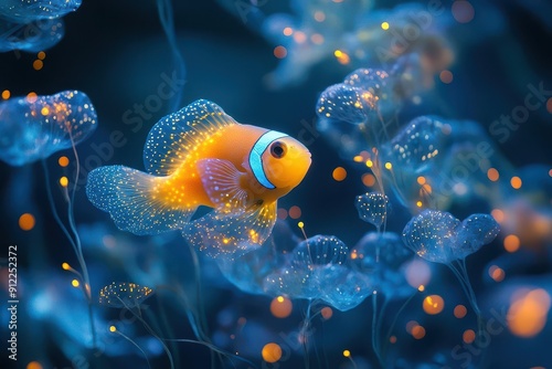 bioluminescent clownfish glowing in deep ocean ethereal tendrils iridescent scales surrounded by bioluminescent plankton otherworldly underwater scene