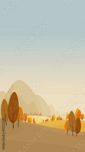 Autumn forest trees with mountain and falling leaves wilderness illustration vertical looping animation abstract background